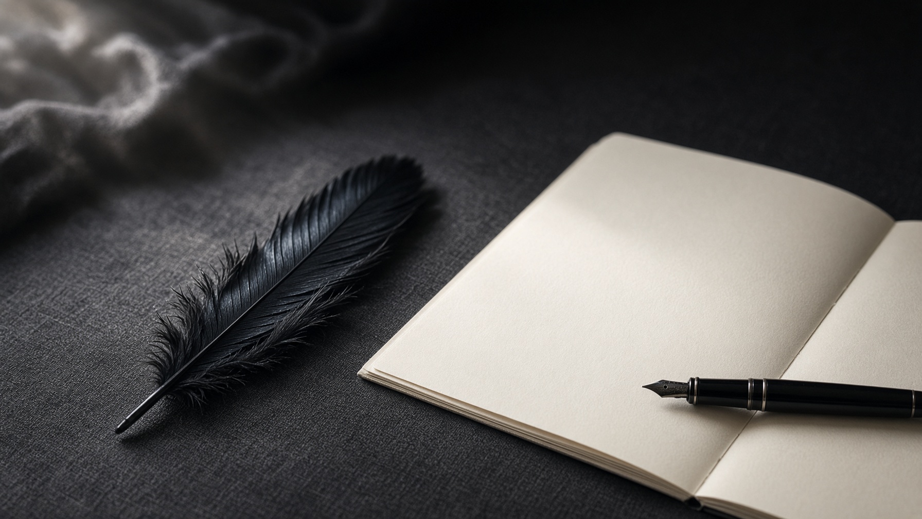 Black fountain pen, open notebook and a dark feather on a charcoal desk